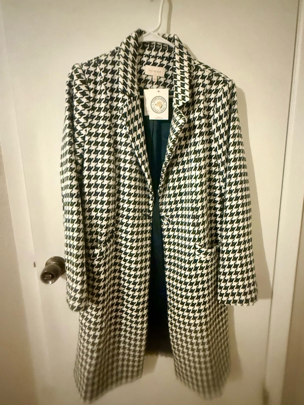 Wool Blend Houndstooth Long Coat - Green & White
